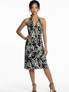 Maggy London Black & White Swirl Halter Midi Dress